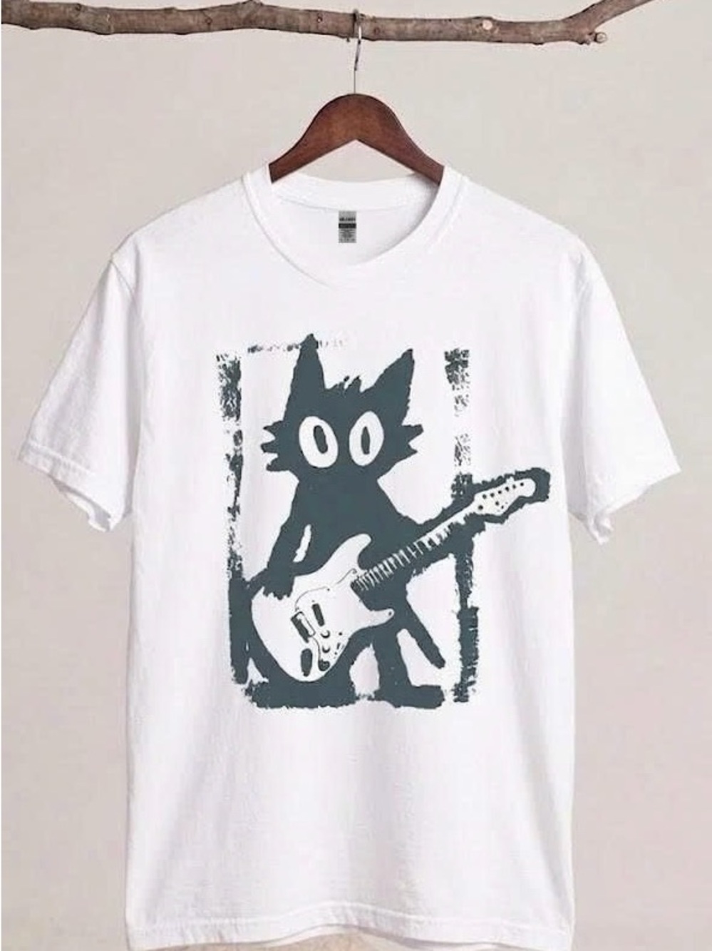 Indie Rock Cat Playing Guitar Graphic Tee Grunge White T-Shirt
